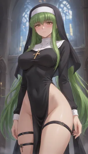c.c. from code geass, very long green hair, ((in the black sexy nun suit)), focus on thighs, sexy thighs, sexy hips, long sexy legs, pelcic curtain, dominated face, dark, dark atmosphere, at night, ((huge black cross between the tits)), golden eyes, playful face, (2 black hip belts on leg), high twintails, very long hair, black thigh belts, body trembling, blush, from below, (slender waist), thick tighs, In the church at night, ((at night)), <lora:NEOTOKIOXL_0.2_RC:.7>, <lora:one breast out XL:2>, <lora:cartoon_stickers_xl_v1:.5>