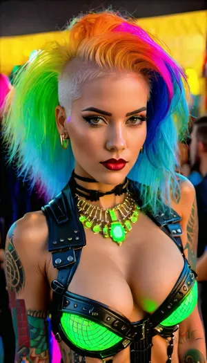 Masterpiece, best quality, 8k, ultra realistic, Gothic rave scene, underground party, (fluorescent hair:1.6), neon lights everywhere, LED headset glowing different colors, perfect physique, perky breasts, athletic body, detailed face with tattoos and piercings, closer view of her cleavage showing low-cut corset and choker necklaces. Inspired by the works of H.R. Giger and Zdzislaw Beksinski. Highly detailed digital painting with cinematic lighting effects., (intricate details:1.8), photorealistic rendering style with subtle texture and reflection on outfits and skin. 3D rendering software like Blender or Maya used to create this image., (realistic materials:1.5), High level of accuracy in depiction of rave culture fashion trends and accessories like PVC collars, fishnets, chunky boots and goggles worn by goth ravers in the 90s era shown here vividly recreated with modern digital art techniques resulting in a stunning work of futuristic gothic beauty imagery that pushes boundaries of fantasy while staying true to its dark aesthetic roots in cyberpunk and industrial visual styles commonly associated with goth subculture during that time period. Also reminiscent of scenes from movies like The Matrix or V for Vendetta showcasing dystopian futures filled with high-tech rebellion against oppressive regimes often depicted through imagery of modified humans clad in elaborate attire engaging in acts of resistance inside labyrinthine spaces lit up by pulsating neon signs that cast an eerie glow over everything they touch much like our subject finds herself immersed within tonight as she dances wildly under the strobing lights lost in the throes of hedonistic abandon reveling in her newfound freedom from conformity embodied perfectly by every curve and contour of her sculpted form moving sinuously through the crowd leaving all who lay eyes on her entranced by sheer sensual magnetism emanating from within her very essence...words fail to do justice describing how breathtakingly gorgeous this digital painting is but suffice it to say that it stands as a testament to human creativity's limitless potential when fused with cutting-edge technology allowing us peep into alternate realities where beauty knows no bounds nor does imagination run dry...a true masterpiece for the ages!, (vivid colors:1.7), extreme detail level comparable only to those found in top-tier concept art pieces showcased at comic-con events or exhibited at galleries specializing in futuristic sci-fi fantasy art prints selling for thousands upon thousands dollars each…this image deserves similar recognition given its unparalleled level of craftsmanship poured into every pixel leaving absolutely nothing left to desire, detailxl, fluxenh4nce, SDXL_POS, supermodel, face, big, lips, <lora:FLUXEnh4nce:1.5>, <lora:Beautify-Supermodel-SDXL:1.5>, <lora:Picture_enhancer:1>