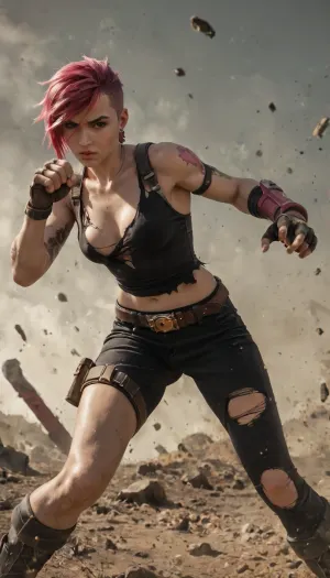 Photorealistic, realist, highly detailed, A realistic and detailed image of, (VI:1.5), (Arcane series), (League of Legends), adult, 23 years old, strong, fighting pose, torn clothes