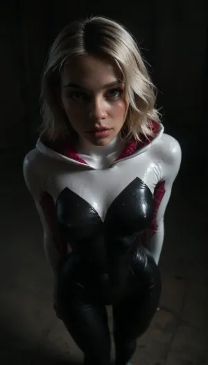 (((18 years old))), (wide eyes, big lips), (spider girl Gwen Stacy), Braided side Side Cornrows white Hair, (needy face:1.3), ((tight outfit)), (athletic body:1.5), (hip gap:1.3), ((wide hips)), (narrow waist:1.6), (white hair), (view from front:1.6), (view from above:1.5), (overhead view), (clubfoot), ((leaning forward)), ((standing)), (makeup), ((pussy cameltoe:1.2)), (makeup:1.4), (oiled skin:1.7), ((wet tight bodysuit:1.8)), hand, 1girl, (athletic ass), (high detailed face:1.5), dim lights, (hard nipples:1.2), (big perky boobs:1.34), big breast, (chiaroscuro lighting:.3), <lora:HandFineTuning_XL:1>, <lora:DetailedEyes_V3:1.5>, <lora:AdvancedEnhancerXLv2:1.5>, <lora:style_lora_realis:1.5>, <lora:dark:.4>