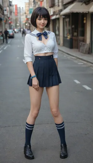 ultra realistic 8k cg, picture-perfect face, cinematic lighting, perfect female body, fashion portrait of girl Japanese features she is facing the camera detailed background venice, full body, japanese woman, street, five fingers, fingers, perfect a masterpiece of the highest quality, the work of a true craftsman, jewelry, white sailor style top, blue collar 3 white stripes, blue cuffs 3 white stripes, sleeves navy blue pleated skirt reaches knees, Lynette, Lynette Genshin Impact, (Genshin, Impact), (lin, ni, te), 1 girl, medium figure, solo, 34B breasts, bow, cleavage, bangs, face, smile, star-shaped mark on the right cheek, pleated leather skirt with a light blue stripe at the bottom, black, bow tie, <lora:linnite_x_00004l:1.7>, ((1girl, 34B chested)), stationary, perfect, eyes, skin, blemish, detailed, medium build, medium toned legs, 18 year old, ((japanese woman)), no makeup, ((black hair obsidian bob razor cut)), small feet, good hands, perfect fingers, summer scene, (knee-high navy blue socks), black flat patent leather shoes