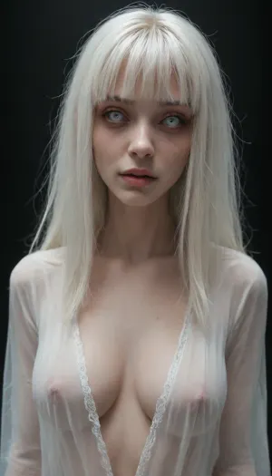 ((horror movie)), masterpiece, horror, ((ghost girl)), (Busty girl), ((long soft hair, fuller hair, long bob hairstyle, fringe, hair on the side, bangs, hair on chest)), ((white transparent hair)), (((transparent))), (see-through), (((ghastly pale white transparent skin))), ((scary white eyes)), pale thin lips, ghostly smile, ((eerie vibe)), white transparent gown, dark room. Low lights, no lights, dim.