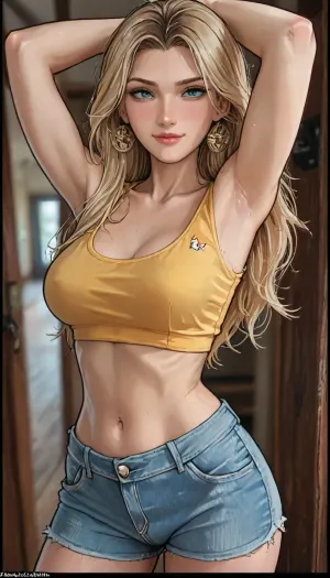 Score_9, score_8_up, score_7_up, ((markgavatino and aroma style)), masterpiece, (1woman, 8k resolution, ultra-detailed), close up, (sexy pose with arms up), back view, pretty face, straight hair, bimbo body, tight yellow crop top, short jeans shorts, (very giant tits), blonde hair, wide hips, smirk, long length hair, ratatatat74, <lora:LCMTurboMix_Euler_A_fix:1.1>, <lora:EnvyBeautyXL02:1.1>, <lora:ratatatat74-000050:1.7>, <lora:AshMilkshake_Illustrious_v1:1.5>, <lora:Rubi-samaXL:1.4>