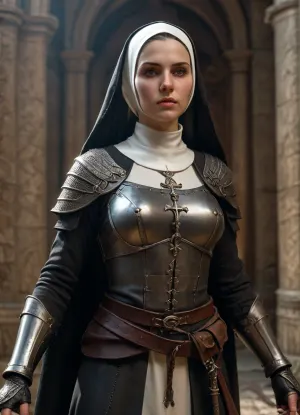(medieval warrior nun), (armed and armored:1.1), boots, full body, ultra detailed, intricate details, (photorealistic:1.2), 8k, UHD, warm side light, contrast, sharp focus, (masterpiece:1.2), detailed eyes, beautiful eyes, detailed skin, detailed nipples, detailed breasts, realistic breasts, natural body, realistic skin, realistic eyes, action pose, random view angle, detailxl, <lora:add-detail-xl:.8>, <lora:style_lora_realis:.8>