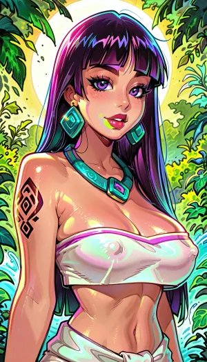 (Reiq mix Melkor Mancin art style:1), (Chel from Road To El Dorado), gorgeous, model, emo, giant breasts, erect nipples, (filled with tattoos), standing, posing againts the sun, (vibrant colors pallete), Melkor Mancin artstyle, score_9, score_8_up, score_7_up, <lora:ratatatat74-000050:2>, <lora:detailed_notrigger:1.1>, <lora:add-detail-xl:1.2>, <lora:cartoon_stickers_xl_v1:.8>