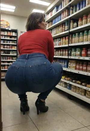 A photo of a, (fat:1.5), (mature:1.4), middle aged woman working at a grocery store squatting down stocking a shelf, squatting, real view, full black jeans, red shirt, facing away, looking away, unaware