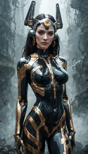This is a digital artwork featuring a futuristic, cybernetic nude woman. She has pale skin, a slender physique, and wears a form-fitting, black latex-like bodysuit with metallic gold accents on her shoulders. Her long, dark hair is intricately integrated with metallic headgear featuring multiple mechanical components. The background is a misty, gray gradient, adding a sense of otherworldliness. The woman's expression is serene, with a subtle, almost melancholic gaze. The image combines elements of science fiction and fantasy, creating a visually striking and thought-provoking composition.