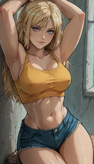 Score_9, score_8_up, score_7_up, ((markgavatino:1.4), and cutesexyrobutts style), masterpiece, (1woman, 8k resolution, ultra-detailed), close up, (sexy pose with arms up), front view, pretty face, straight hair, bimbo body, tight yellow crop top, short jeans shorts, (very giant tits), blonde hair, wide hips, smirk, long length hair, ratatatat74, <lora:LCMTurboMix_Euler_A_fix:1.1>, <lora:EnvyBeautyXL02:1.1>, <lora:ratatatat74-000050:1.7>, <lora:AshMilkshake_Illustrious_v1:1.5>, <lora:Rubi-samaXL:1.4>