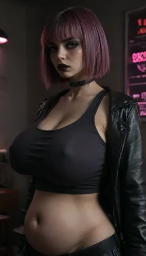(side view:1.5), (glossy cover style), retrowave style, (lower belly:1.9), three-quarter turn, upper body view, focus on tits, tits close-up, young beautiful goth girl 18 years old, feminine face, (big Fake Breasts:1.8), (gigantic breasts), skinny, thin face, full lips, big eyes, small nose, rocker style, (black makeup), (black lipstick:1.2), violet makeup, she wears a black leather jacket, pink makeup, lustful face, purple hair, (bob hairstyle:1.2), short straight hair, pink strands of hair, very long bangs, (pink bangs:1.2), (black rocker tank top), choker, bedroom cyberpunk style, room in a rocker style, rocker posters on the walls, (dark:1.3), night, neon lights, (highly detailed face:1.3), massive ass, thick thighs, massive fake breasts, nipple outline, oiled, wet skin, perfect figure, (hyper wide hips:1.2), (erect nipples:.8), curvy, snatched waist, underboob, seductive pose, booty, score_9, score_8_up, score_7_up, <lora:milkers_v2:1.2>, <lora:dark:.8>