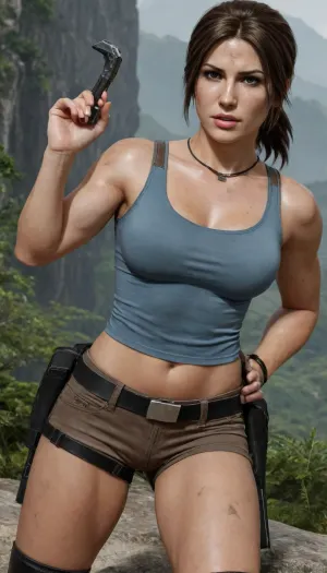 (Masterpice), (HD4K visual), (detailed background), 4K ultra-detailed image, HDR, enhancement, professional photography, clear face, detailed face, precise anatomy, (perfect symmetry), (5 fingers per hand), maximum resolution, sharp focus, NSFW, (Lora Croft from tomb raider:1.4), brown hair in a ponytail, athletic body, medium breasts, perky pointed breasts, blue crop top, blue short shorts, black boots, utility belt, pierced nipples, hairy pussy, big bush, bent over, undressing, shirt lifted up, short shorts pulled down, showing pussy hair, on a clif overooking a mountain valley, on a clifside, close up, background is a mountain valley, ratatatat74, incase, style, Lara, Croft, elven, architecture, <lora:ratatatat74-000050:1.4>, <lora:Incase_Style__SDXL:1.4>, <lora:lara_croft_xl_v2:2>, <lora:EnvyElvishArchitectureXL01:1.4>