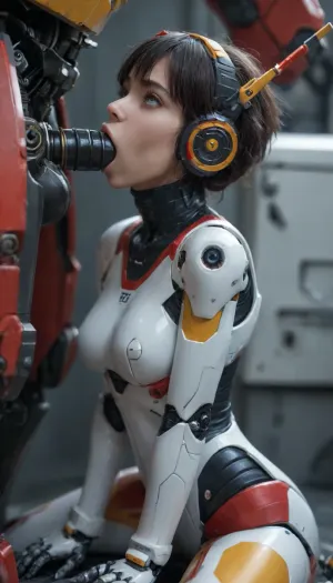 Peni is a cute Japanese teen-like girl with blue eyes. She has messy very short black pigtails with thin red streaks on top and larger yellow streaks on the ends. She also wears a red, futuristic headset., (For attire, she had a white bodysuit black shoulders and arms. The suit has grey, red, and yellow accents, most prominently on the chest), . Full body, (mecha deepthroat blowjob:1.7), in mecha hangar, side view, (completely mechanical metal phallus:1.8), (leaking motor oil in mouth:1.3)