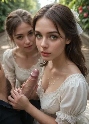 Masterpiece, in a victorian summer garden, (mff:1.1), (the image contains two women and a man), (two 25 years old cute girls:1), (kneeling), (a large man:1), is standing over them with his, (fat thick veiny cock:1.3), coming out of his, (suit pants), (amazing hair:1.1), (big innocent brown eyes:1), (dark eyebrows), (scared:1.3), (submissive:1.3), (crying), full lips, (huge enhanced breasts:1), (long hard nipples:1), (small areolas:1), (romantic victorian clothing:1), (beautiful lace dresses), (skinny:1.2), (petite:1), (victorian setting:1), (sunlight:1.2), (warm evening light:1.2), (side view:1), (from above:1.2), (looking at the viewer:1), (handjob), grabbing her hair, (cum covered:1.8), parasol, (lace gloves:.5), (ladies' hat:.5), roses, pulled up skirts, (hairy trimmed cunt)