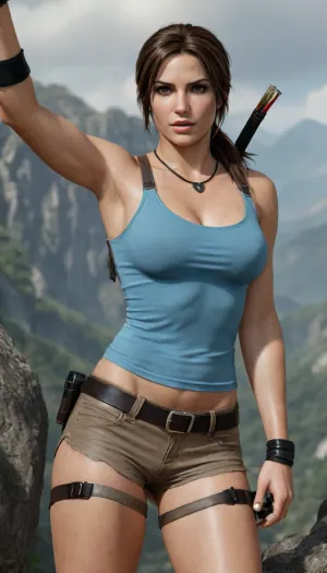 (Masterpice), (HD4K visual), (detailed background), 4K ultra-detailed image, HDR, enhancement, professional photography, clear face, detailed face, precise anatomy, (perfect symmetry), (5 fingers per hand), maximum resolution, sharp focus, NSFW, (Lora Croft from tomb raider:1.4), brown hair in a ponytail, athletic body, medium breasts, perky pointed breasts, black boots, utility belt, pierced nipples, hairy pussy, big bush, undressed, shirt lifted up, short shorts pulled down, showing pussy hair, on a clif overooking a mountain valley, on a clifside, close up, background is a mountain valley, ratatatat74, incase, style, Lara, Croft, elven, architecture, <lora:ratatatat74-000050:1.4>, <lora:Incase_Style__SDXL:1.4>, <lora:lara_croft_xl_v2:2>, <lora:EnvyElvishArchitectureXL01:1.4>