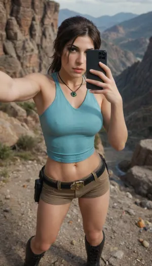 (Masterpice), (HD4K visual), (detailed background), 4K ultra-detailed image, HDR, enhancement, professional photography, clear face, detailed face, precise anatomy, (perfect symmetry), (5 fingers per hand), maximum resolution, sharp focus, NSFW, (Lora Croft from tomb raider:1.4), brown hair in a ponytail, athletic body, medium breasts, perky pointed breasts, blue crop top, blue short shorts, black boots, utility belt, posing sexually on a clif overooking a mountain valley, on a clifside, selfie, background is a mountain valley, ratatatat74, incase, style, Lara, Croft, elven, architecture, <lora:ratatatat74-000050:1.4>, <lora:Incase_Style__SDXL:1.4>, <lora:lara_croft_xl_v2:2>, <lora:EnvyElvishArchitectureXL01:1.4>