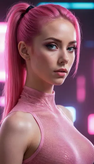 portrait of a young woman, aesthetic, futuristic holographic, wearing a form-fitting bodystocking, pink hair pulled back into a ponytail, symbol on her cheek, cel shading style, neon color palette, cool tones, backlight, smooth matte finish, graphic rendering, sharp focus, cinematic, mysterious. /©KlTTY-ART/