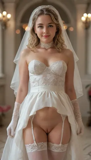 high resolution, high quality, young beautiful petite pregnant girl 18 years old, (chic and contemporary style white dress:1.2), (wedding veil:1.3), (minimalist gloves), (modern white stockings and garter belt:1.2), (girl shows off her pussy:1.4), (no skirt:1.2), (no panties:1.4), (pussy, plump and shaven pussy:1.2), very cute smile, long wavy blonde hair, hot pink bokeh background, heart eyes, detailxl, <lora:add-detail-xl:.8>, <lora:MJ52:.8>, <lora:SDXLHighDetail_v6-000005:1.3>, <lora:ThePitXL:1>