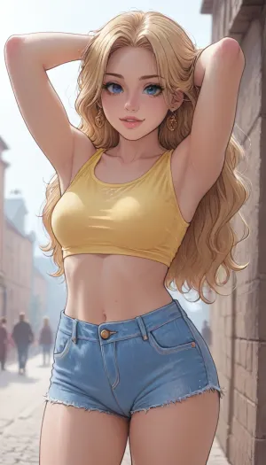 (((Melkor mancin style))), close up, (sexy pose with arms up), back view, pretty face, straight hair, bimbo body, tight yellow crop top, short jeans shorts, (very giant tits), blonde hair, wide hips, smirk, long length hair, ratatatat74, lineart, line, art, flat, colors, color, <lora:cartoon_stickers_xl_v1:.5>, <lora:outline_xl_kohaku_delta_spv5x:2>, <lora:ratatatat74-000050:2>, <lora:lineartSDXL:1.7>, <lora:AshMilkshake_Illustrious_v1:1.4>