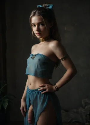 chiaroscuro, high contrast picture, waist up closeup, side view, small short Slave femboy with slightly sheer light blue slave tunic, chilling in harem with astonishing flourishing plants, cute blonde hair in ponytail, hair bow, flat chested, one hand on a hip, seductive smile, soft lips, long soft hair, detailed flawless hands, detailed toes, textured skin, shaved, very realistic, uhd, waist-up closeup view, brown leather slave collar, Armlets, bracelets, Huge hoop earrings, highest quality, best rendering options, ultra detailed, seethru, Trfut, flac-futa, flac-penis, photo, artwork, hdr, dynamic, 4k, effect, lighting, <lora:ahxl_v1:1>, <lora:seethruv3_SDXL:.4>, <lora:SDXLlora4flFut-000014:1>, <lora:X2-000011:.8>, <lora:dark:.8>