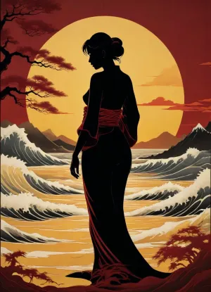 A Japanese shadow play in the ukiyo-e style, featuring a completely naked woman depicted in a refined black silhouette, inspired by traditional woodblock printing. The background features stylized waves and landscapes in shades of yellow and burgundy, and the woman's silhouette resembles a classic shadow play.