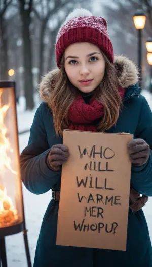 in winter with a sign in her hand that says, (Who will warm me up?)