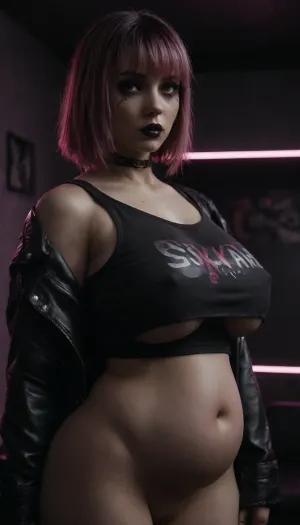 (side view:1.5), (glossy cover style), retrowave style, (lower belly:1.9), three-quarter turn, upper body view, focus on tits, tits close-up, young beautiful goth girl 18 years old, feminine face, big Fake Breasts, (gigantic breasts), skinny, thin face, full lips, big eyes, small nose, rocker style, (black makeup), (black lipstick:1.2), violet makeup, she wears a black leather jacket, pink makeup, lustful face, purple hair, (bob hairstyle:1.2), short straight hair, pink strands of hair, very long bangs, (pink bangs:1.2), (black rocker tank top), choker, bedroom cyberpunk style, room in a rocker style, rocker posters on the walls, (dark:1.3), night, neon lights, (highly detailed face:1.3), massive ass, thick thighs, massive fake breasts, nipple outline, oiled, wet skin, perfect figure, (hyper wide hips:1.2), (erect nipples:.8), curvy, snatched waist, underboob, seductive pose, booty, score_9, score_8_up, score_7_up, <lora:milkers_v2:1.2>, <lora:dark:.8>