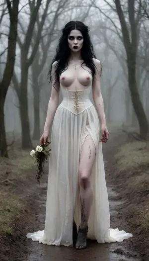 High contrast, supernatural ghost girl freshly out of her grave, alternative, goth, black very very long messy and ruffled dirty hair with tangles and twigs, pale dead looking white eyes, wide hips, shadowy figure, (skin painted pale white:1.7), seductive, imposing, mascara, black lips, mysterious presence, stunning long legs, large breasts, a lot of cleavage, thin starved look, hands covered in soil as if she had just been digging with them, holding a bouquet of rotting flowers loosely at her side, ghostly girl, barefoot, dirty feet, slutty revealing diaphanous dress and corset spotted by streaks of fresh dark soil and torn in random places, very slutty, very exposed, a lot of skin, ethereal, lost, unsettling, shambling through a misty graveyard at dusk in drizzling rain