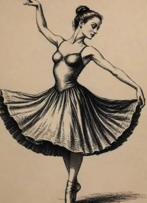Ballerina in the style Pen and ink. A dancer in a dynamic expressive pose, drawn with the cross-hatching technique shading and cross-hatching volume that details and accentuates the volume of the body and costume on textured parchment, where fine lines and cross-hatching are visible throughout the drawing. Pen and ink style, cross-hatching technique. Black marine ink, cross-hatching shading, fine pen and ink lines, VNTG, line art, fresh and creative pen strokes, Ink drawing, <lora:vntg-line-art-v2:1>, <lora:Fresh Ideas@Pen and ink drawings_SDXL:.4>, <lora:SDXL_Inkdrawing_v1:.8>