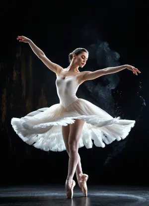 Photorealism, photorealism, realism, {snow-white ballerina as light as a feather, dancing in the "feather and ink" style, on an ink background, hands not in frame}, lifelike, high detail, ultra-realism, cinematic lighting, 8K