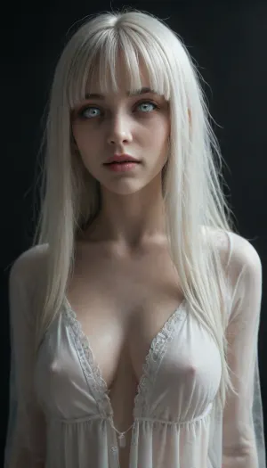 ((horror movie)), masterpiece, horror, ((ghost girl)), (Busty girl), ((long soft hair, fuller hair, long bob hairstyle, fringe, hair on the side, bangs, hair on chest)), ((white transparent hair)), (((transparent))), (see-through), (((ghastly pale white transparent skin))), ((scary white eyes)), pale thin lips, ghostly smile, ((eerie vibe)), white transparent gown, (((dark room:2))), . Low lights, no lights, dim, dark