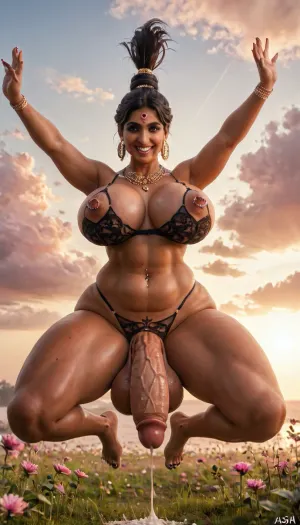 Hot indian futa mom black hair, thick thighs, massive round ass, solo, jewelry, jewelry and ornaments, cannibal, ((An Indian futa mom dressed as a hindu mom, massive breasts, massive ass, black lingerie hot futa mom, futanari, huge longest futa cock mom, ash and sandalwood tilak on her forehead, rudraksha beads around her neck. Early morning soft sunlight)), incredibly thick longest cock, ((her cock is visibly throbbing, gigantic dropping heavy balls)), (erection:1.3), ((very detailed lengthy erect cock)), pink sunset sky, summer morning, warm pink light, visible rays of light coming from behind, pink clouds, in a field, dynamic sky, HDR effect, (((futanari mom Sexy nipple big piercing, bully bottom piercing, slut, stroke her cock))), huge cock futa, futa mom, futa huge massive cock, huge vainey cock futa, futa, masterpiece, full body view, outside, outdoor, flying in the sky, flying, jumping, flying like a hero, ImgFixerPre0.3, cum, cumoverflow, cumdump, cumshots, Cinematic style image, image is like a movie shooting, beautifully cinematic style image, she pose like it's her first time pohotoshoot, she is a pornstar posing for her photoshoot making different postures, cinematic camera angles shots, big ass, curvy ass, ais-rcn, mesogts, macrogts, posing new look, unique postures, giant, miniature, person, cuvy back, curvy ass cinematic image, create a beautiful cinematic camera angle image, jesus cross tatoo on her body, cross tatoo, <lora:epiCRealismXL-KiSSEnhancer_Lora:.8>, <lora:ais-rcn-sdxl:.8>, <lora:RMSDXL_Creative:.8>, <lora:Giantess_World_XL:.8>, <lora:loha_giants_shrinks-tokens_see_civitai_page-0.8_weight-by_AI_Characters:.8>