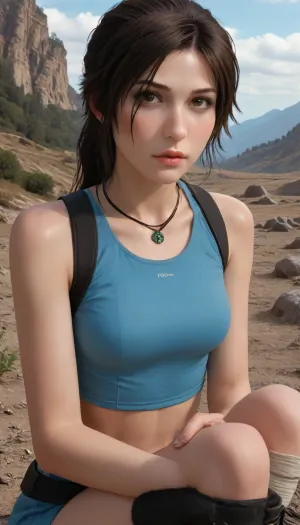 (Masterpice), (HD4K visual), (detailed background), 4K ultra-detailed image, HDR, enhancement, professional photography, clear face, detailed face, precise anatomy, (perfect symmetry), (5 fingers per hand), maximum resolution, sharp focus, NSFW, (Lora Croft from tomb raider:1.4), brown hair in a ponytail, athletic body, medium breasts, perky pointed breasts, blue crop top, blue short shorts, black boots, utility belt, posing sexually on a clif overooking a mountain valley, on a clifside, close up, background is a mountain valley, ratatatat74, incase, style, Lara, Croft, elven, architecture, <lora:ratatatat74-000050:1.4>, <lora:Incase_Style__SDXL:1.4>, <lora:lara_croft_xl_v2:2>, <lora:EnvyElvishArchitectureXL01:1.4>