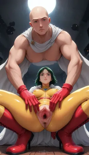 (markgavatino style), (MILF Genderbend Saitama from One Punch Man:1.3), (squatting pose:1.3), (upper body slightly forward:1.3), (legs elegantly positioned:1.25), wearing, (latex tight-fitting yellow hero full body suit:1.35), with, (white cape flowing behind:1.3), (red gloves:1.25), (red boots:1.25), (classic belt:1.2), (bald head, completely smooth scalp:1.5), (serious facial expression:1.4), (low-angle frontal view:1.4), (hard nipples seen through fabric:1.4), (cameltoe, dripping pussy:1.45), (focus on legs, silhouette, heroic posture:1.4), (arena/training hall:1.3), (dramatic lighting, shadows enhancing curves and muscles:1.25), (anime style, dynamic composition:1.3), (no hair, smooth head:1.5), 20 year old girl, best quality, photorealism, masterpiece, chested, Ultra detailed RAW color photography, highly detailed, high level of detail, (skinny:1.5), small waist, small hips, tiny ass, round tits, (((perfect fingers, perfect hands, perfect skin))), ((hyper gaping pussy, hyper gaping vagina, maigre, musclé, seins visibles, pussy visibles, big clitoris visibles, seins nus, HDR pussy, hyper spread pussy, squat, hyper pussy juice dripping)), (perfect adult body proportions), Real, photorealistic, hi-detaild, 8k, pussy dripping, pussy dripping semen, (spread pussy:1.5), hi-detailed pussy, perfect pussy, <lora:add-detail-xl:2>, <lora:princess_xl_v2:2>, <lora:DetailedEyes_V3:2>, <lora:Animated_Concept:2>