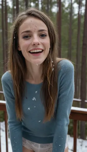 29yo beautiful skinny italian girl standing on a balcony in the snow, overlooking a pine forest, (((cum on face, cum in hair, cum on sweater, facial, bukkake))), (Wearing very short off-white knit tight fitted sweater and white cotton panties), erect nipples, belly and hipbones visible, (thigh high blue stockings), pixie haircut, long messy black hair, hair with flared tips, long thin bony legs, thigh gap, big hazel eyes, happy, smiling, cheeky smile, ((super skinny and tall)), freckles, (thin legs), (narrow face), <lora:JustCum:2>