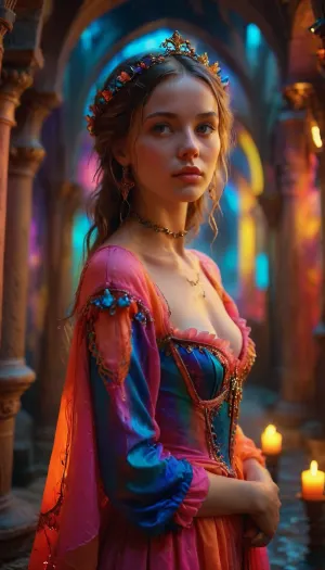 In a neon-surreal rendition of the 14th century, a stunning 25-year-old woman stands at the center, her face captured in hyper-realistic detail. Her flawless skin and expressive eyes gleam under vibrant neon hues. Dressed in exquisite 14th-century attire, she blends seamlessly into a fantastical, fluid environment. The surroundings merge medieval architecture with flowing neon colors, creating a dreamy, surreal atmosphere. As she moves, colors and shapes flow around her, like a living painting. Her expression radiates joyful allure and subtle sensuality, blending historical richness with a dreamy, fantastical ambiance, (maximum detail), (super realistic photo:1.4), Jed-FanSea, godpussy, <lora:MJ52:.6>, <lora:Super_Eye_Detailer_By_Stable_Yogi_SDPD0:.3>, <lora:Cloudy_Style:.8>, <lora:FantasySeascapes:1.7>, <lora:SDXL_GodPussy_v1:.8>