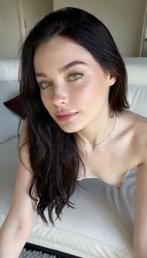 (Intimate amature moment), (casual view:1.6), (full body perspective:1), A beautiful natural delicate girlfriend in her early 20s, (natural slim body), small puffy breasts, belly poach, (fresh face), (diamond-shape-face with sharp concours), (high defined sharp cheekbones), (pale skin with a natural healthy blush), (subtle freckles on neck and arms), (thin almond-shaped grey-green-eyes with upward tilt and eye wrinkles), (naturally arched medium-thick black eyebrows), (straight upturned thin nose with soft rounded tip), full natural pinkish lips, laugh lines and crow’s feet around eyes, long straight to slightly wavy dirty black hair, (aftersex hair), graceful neck and toned natural arms, small toned ass, microwaist, (wearing a traslucent cropped-tshirt and black micro-thong:1.5), highly detailed realistic, (Laying down her belly casually sexy over couch:1.5), (showing you her full body:1), (living room at morning:1), ultimate realism, (light beams glowing:1), dreamy morning atmosphere, realistic detailed skin texture, skin pores, blemish, acne, pimples, dimples, (photorealistic skin natural imperfections:1), (focus on her hyperrealistic face:1), luxurious bedroom, (perfect focus:1), luxurious furniture, volumetric morning light, (volumetric morning light beams:1), (hyperrealistic:1.5), (hyperrealistic skin details), hyperrealistic detailed face, morning light beams, 4ng3l, face, flaccid, <lora:SDXL_BetterFaces-LoRA_v1:.8>