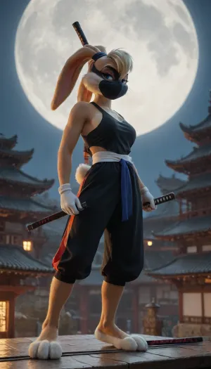 (Furry Lola_Bunny:1.3), masked ninja, katana sword, standing on the rooftop of a Chinese temple, at night, big bright moon
