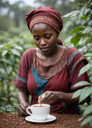masterpiece, 4K best quality, high quality, intricate details, depth of field, Kenyan woman picking coffee, colour sketch