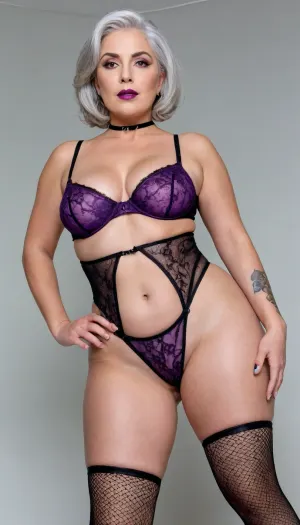 (milf:1), short grey hair, bobcut, slutty woman, voluptuous, age 70, thick body, flat stomach, thin waist, (massive breasts:1), (wide_hips:1.5), square hips, hourglass body, (hyper gigantic ass:1.2), gorgeous face, purple lipstick, realistic face, realistic detailed skin, posing, standing in a white room, white background, black fishnet panties, blcak thigh high fishnet stockings, black fishnet top, black garter belt, horny look on her face, open pussy, large pussy, playing with pussy, front view.