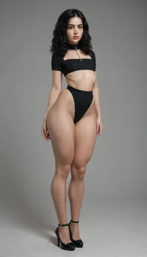 tall curvy pear shaped gothic type woman, small flat chested perky brests, huge long puffy erect nipples, thick thighs, big hips, tiny waist, full body image