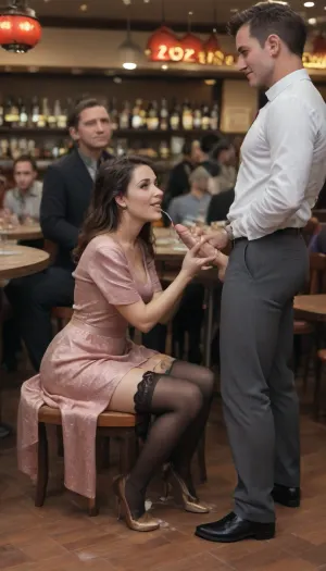 1man, 1woman, (clothed female, clothed male, cock exposed, cfnm, female focus, (fully dressed male with erect penis and stands in a crowded restaurant near the table, open eyes, 30 year old clothed woman sits at the set table and holds his penis:1.4), ((the woman is wearing couture evening gowns with costly accessoires and stockings and high heels, handjob with one hand:1.6)), smiling, happy, face detailes, hand details, penis details, ((lots of cum flows onto her dress and stockings:1.8)), masterpiece, best quality, highres, absurdres, ray tracing, perfect skin, perfect face, (full body in view, full frame view:1.2), warm side light, ultra detailed, intricate details, (photorealistic:1.5), 8k, UHD, sharp focus, (masterpiece:1.2), penis, cock, dick)