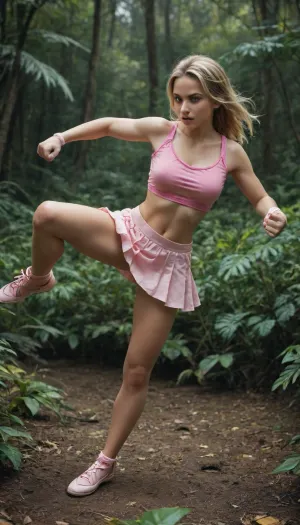 (Beautiful young woman fighting her way through dense jungle:2), wearing belly-free pink shirt, (super sexy ballerina mini skirt), She has long blonde hair, Her eyes are beautiful, She has a lovely smile and a very horny look on her face, breasts, explicit, solo, shaved, green_eyes, long_hair, shiny_skin, blush, shiny, textured skin with slight imperfections, collarbone, small_breasts, 8k ultra quality, best render settings, astonishing image reality, fullbody