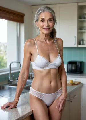 An old, very pretty grandmother with small breasts and very long, hard nipples, extremely hairy vagina, (70 years old), wrinkles on her legs, arms, neck, and face, model-like face, very pretty, long gray hair tied in a ponytail, very slim and fit, long legs, thin arms, sagging small breasts. She is wearing white underwear. She smiles and gazes dreamily into a camera, leaning against the kitchen counter. The contours of her hard nipples are visible through her blouse. She is standing in a modern kitchen on a sunny morning, drinking a cup of coffee. The kitchen has large, modern windows. A swimming pool is visible in the background, and the sun's rays fall on her body. Best quality, highly detailed, 8k.