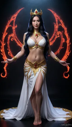 radiant priestess cosplay, Chinese, (milf), at the dark dance studio, long wavey hair, thick hips, (view from front), black lighting, black background, paper, magic, vibrant, radiant, high fantasy