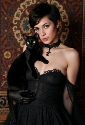 (masterpiece), (best quality), (extremely detailed CG Unity 8k wallpaper), ((photorealistic)), (cinematic lighting), (dark fantasy art), portrait of a beautiful woman with, ((short black tousled hair)), (emerald green eyes), full lips, piercing gaze, dressed in a richly decorated black lace dress with open shoulders and long black gloves, posing with a sleek black cat with bright yellow eyes, against the backdrop of a rich tapestry with intricate details, a gloomy atmosphere, subtle glow, voluminous light, and depth of field.