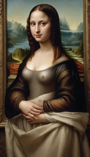 a painting of the Mona Lisa with bare, enormous breasts in the painted image