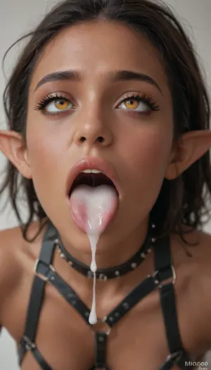 Elf, elf ears, pointed ears, black skin, african, (((splashes cumshot by more white sperm dripping on her face and mouth))), (wearing an elaborate harness:1.4), ahegao, rolling_eyes, rolling_eyes-000014, ahegao face, eyes rolled back, tongue out, (orgasm expression, moaning, ahego, tongue out, submissive), ((glowing bright orange eyes)), drool, sucking, cock, <lora:ahegao_sdxl_v4:2>, <lora:add-detail-xl:.8>, <lora:cockteaseLoRASDXL:2>