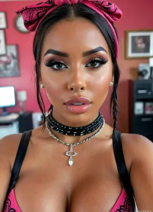 ((Hardcore RAW fashion BDSM gimp portrait)), (perfect face), (perfect eyes), ((hardcore edgy facial piercings, hooped piercings, lip piercing, nose piercing, eyebrow piercing)), A stunningly young immature dark skinned ghetto subduedly submissive BDSM bimbo gimp. With luscious Extreme full thick voluptuously fake blowjob lips. Red pink lipgloss. Extra long fake eyelash extensions., Full heavy stylish BDSM makeup. Blusher. Smokey eyeshadow, black arabian eyeliner, Dutch braids hair with a paisley bandana on her head., ((BDSM core)), ((BDSMlore)), ((BDSM awe)), ((BDSM bimbo awe)), ((BDSM gimp awe)), 4k epic detail, shot on kodak, 35mm photo, sharp focus, high budget, cinemascope, epic, gorgeous, film grain, grainy, score_9, score_8_up, score_7_up, rating, explicit, but, bmbplora, Stable-Yogis-Makeup-Enhancer-XL, ring, chain, crystals, melanin, <lora:BUT_SDXL_SHS:1.9>, <lora:bimboxl_02:1.9>, <lora:attractive_notrigger:1.9>, <lora:Jewellery:.8>, <lora:melanin-XL:2>