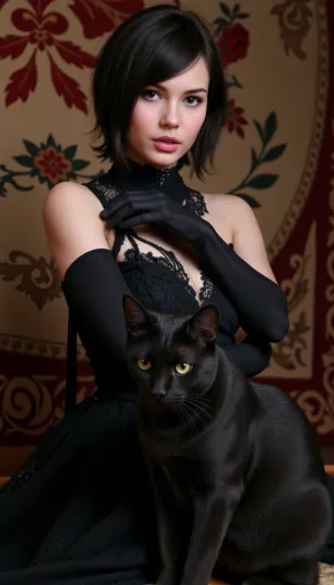 (masterpiece), (best quality), (extremely detailed CG Unity 8k wallpaper), ((photorealistic)), (cinematic lighting), (dark fantasy art), portrait of a beautiful woman with, ((short black tousled hair)), (emerald green eyes), full lips, piercing gaze, dressed in a richly decorated black lace dress with open shoulders and long black gloves, posing with a sleek huge black cat with bright yellow eyes sitting nearby, close-up, against the backdrop of a rich tapestry with intricate details, a gloomy atmosphere, subtle glow, voluminous light, depth of field
