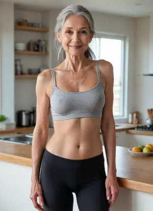An old, very pretty grandmother with small breasts and very long, hard nipples, extremely hairy vagina, (70 years old), wrinkles on her legs, arms, neck, and face, model-like face, very pretty, long gray hair tied in a ponytail, very slim and fit, long legs, thin arms, sagging small breasts. She is wearing black leggings and a white T-shirt, (underboobs), . She smiles and gazes dreamily into a camera, leaning against the kitchen counter. The contours of her hard nipples are visible through her blouse. She is standing in a modern kitchen on a sunny morning, drinking a cup of coffee. The kitchen has large, modern windows. A swimming pool is visible in the background, and the sun's rays fall on her body. Best quality, highly detailed, 8k.
