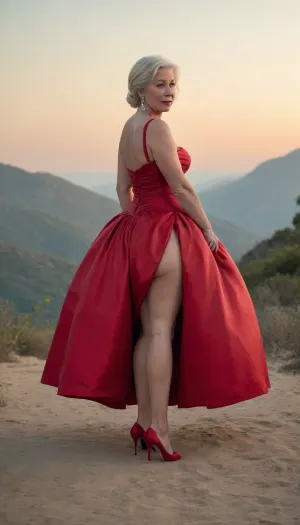 Helen Mirren type woman, thick, huge saggy tits, big round ass, thick thighs, wearing a red ball gown, full body front view image